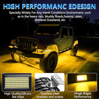 108 High Power LEDs per Pod 4Pods Yellow Amber Rock Lights Ultra