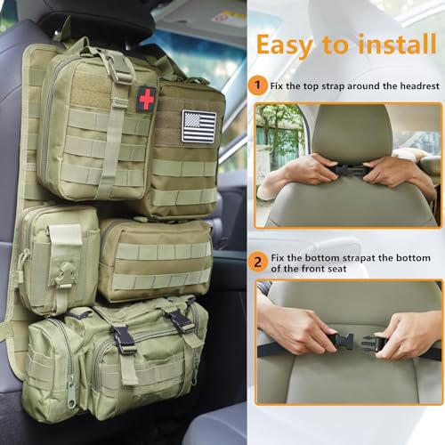 tactical car seat back organizer and storage truck seat covers with a Molle Vehicle Panel and 5 Different Size Molle Pouches for most models such as Jeep