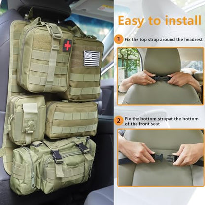 tactical car seat back organizer and storage truck seat covers with a Molle Vehicle Panel and 5 Different Size Molle Pouches for most models such as Jeep
