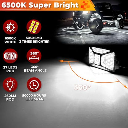 20 Pods Pure White LED Rock Lights Kit with Switch Wiring Harness (20 Count)
