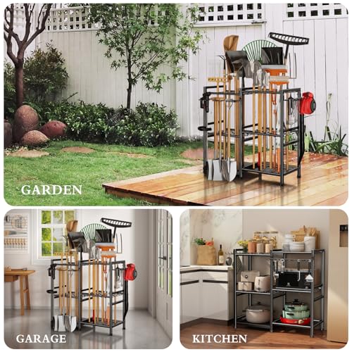 Garden Tool Organizer Storage Metal Yard Tool Organizer Heavy Duty Garden Tool Rack Stand with 2 Extra Hooks