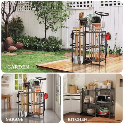 Garden Tool Organizer Storage Metal Yard Tool Organizer Heavy Duty Garden Tool Rack Stand with 2 Extra Hooks