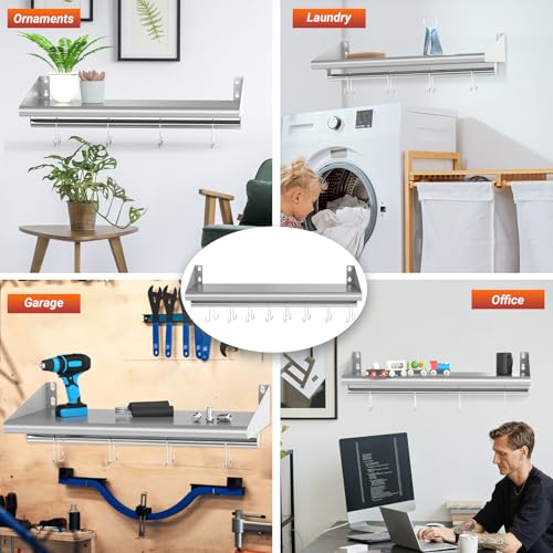 12" x 48" Stainless Steel Shelf Wall Mounted with 8 Hooks