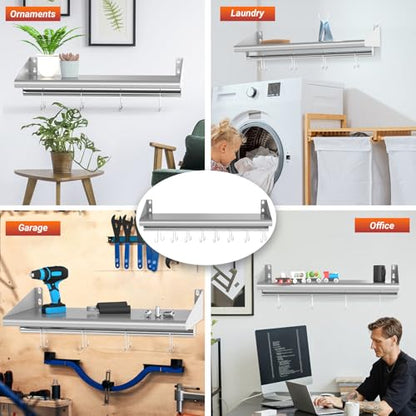 12" x 48" Stainless Steel Shelf Wall Mounted with 8 Hooks