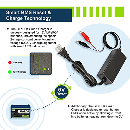 12V 2A Smart Charger for Lithium LiFePO4 Deep Cycle Rechargeable Batteries [UL Listed]