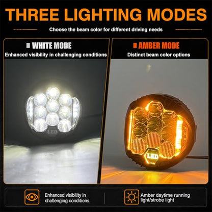 2PCS 7 Inch White Round Side Shooter Offroad Fog Lights Amber DRL 90W 3 Modes 270° Wide Range Super Bright LED Pods Light Kit with Wiring Harness for Pickup Truck ATV UTV SUV