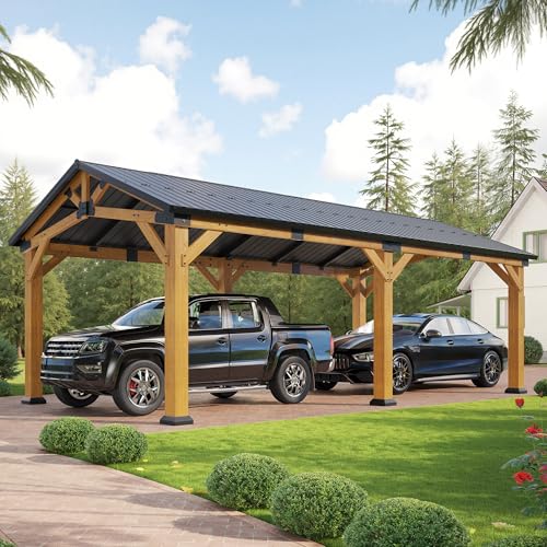 12x24x9.5 FT Cedar Wood Carport with Galvanized Steel Gable Roof