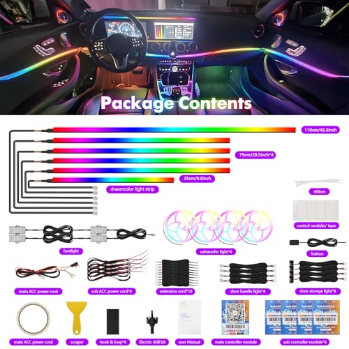 Dreamcolor Acrylic Car Interior Lights 22 in 1 RGB LED Strip Lights APP Control Zoned Control System 252 Color Modes DIY Fiber Optic Ambient Lighting Kits Music Car Neon Light Kits New Version