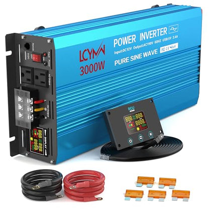 3000 Watt Inverter Pure Sine Wave DC 12V to 110V AC Power Inverters with 3 AC Charger Outlets