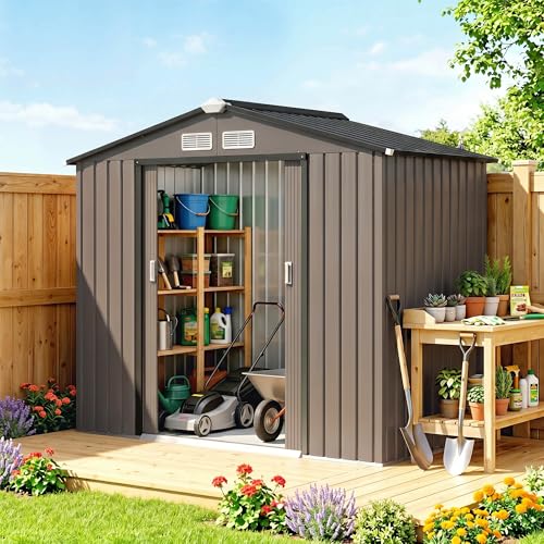 7' x 4' Outdoor Storage Shed Garden Tool Metal Shed Brown