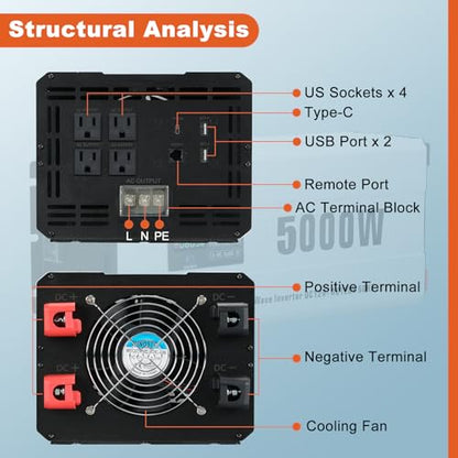 5000W Power Inverter Pure Sine Wave 12V DC to 120V AC