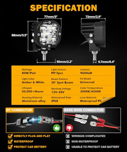 XP Ultra Series 3 Inch LED Pods 9600LM Spot Beam Offroad Lights (2 Count)
