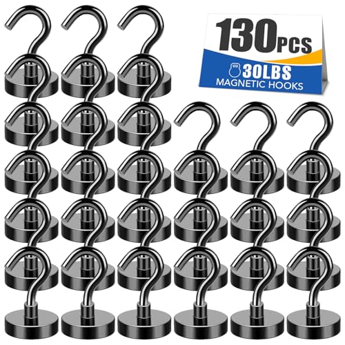 Black Magnetic Hooks Heavy Duty 30Lbs+ Strong Neodymium Magnets (130 Count)