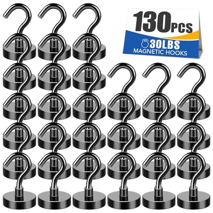 Black Magnetic Hooks Heavy Duty 30Lbs+ Strong Neodymium Magnets (130 Count)