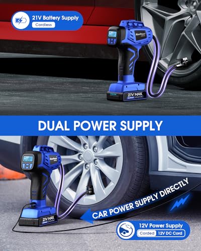 Smart Cordless Tire Inflator Portable Air Compressor Rechargeable 21V Battery Powered 160PSI Handheld Air Pump w