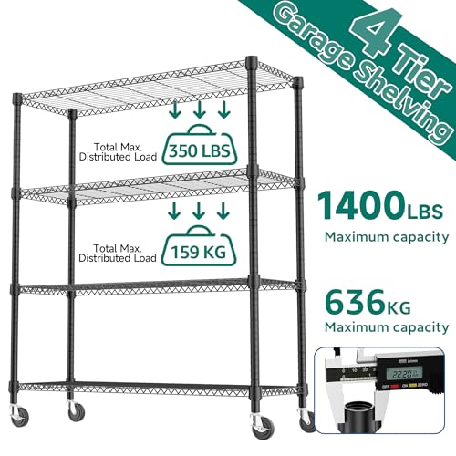 1400LBS 47.2" W 4 Tiers Storage Shelves Metal Shelving Unit with Wheels Heavy Duty Garage Shelving Adjustable Wire Shelves for Pantry