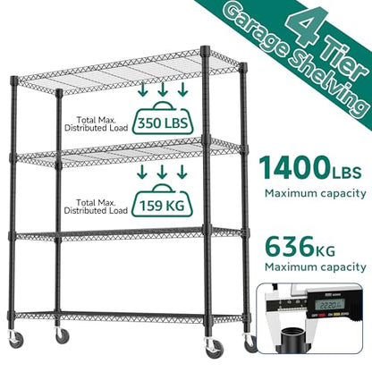 1400LBS 47.2" W 4 Tiers Storage Shelves Metal Shelving Unit with Wheels Heavy Duty Garage Shelving Adjustable Wire Shelves for Pantry