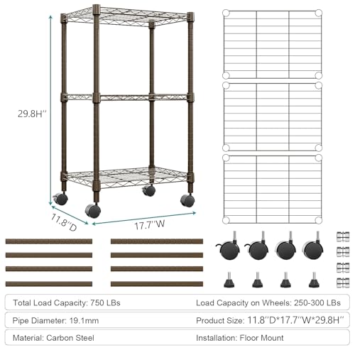 3 Tier Shelf Metal Storage Shelves Wire Rack Closet Organizers with Wheel for Garage Kitchen Bathroom Laundry Brown 11.8" D x 17.7" W x 29.8" H (3 count)