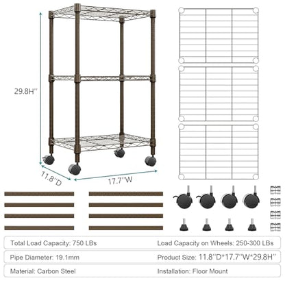 3 Tier Shelf Metal Storage Shelves Wire Rack Closet Organizers with Wheel for Garage Kitchen Bathroom Laundry Brown 11.8" D x 17.7" W x 29.8" H (3 count)