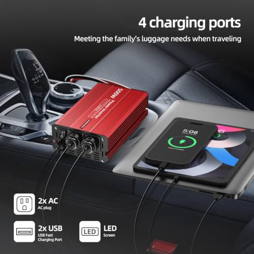 500W Power Inverter DC 12V to 110V AC Car Inverter with 2 x 3.1A USB Ports and Dual AC Outlet