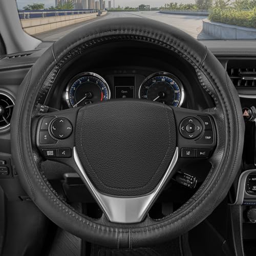 GripDrive Faux Black Leather Steering Wheel Cover for Car Truck Van SUV