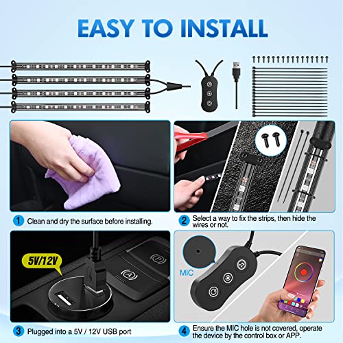 4PCS USB Car Interior Lights RGB App and Button Control
