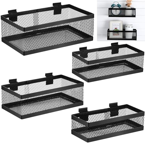4 Pcs Black Slatwall Baskets 4 Size Metal Mesh Wire Basket for Slatwall Panels Ventilated Wall Mounted Hanging Accessories for Home Garage Retail Store Display (4 Count)