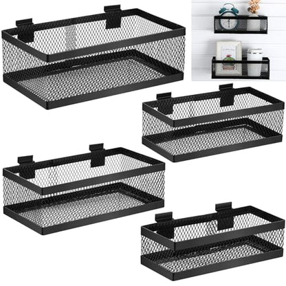 4 Pcs Black Slatwall Baskets 4 Size Metal Mesh Wire Basket for Slatwall Panels Ventilated Wall Mounted Hanging Accessories for Home Garage Retail Store Display (4 Count)