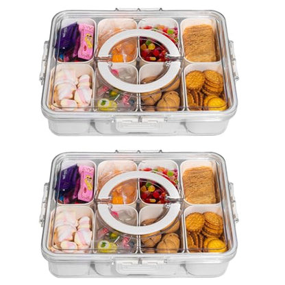 Divided Snack Serving Tray with Lid and Handle Travel Snackle Charcuterie Container Portable Storage Organizer for Candy