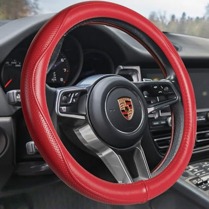 Top Grade Red Genuine Leather Steering Wheel Cover Women