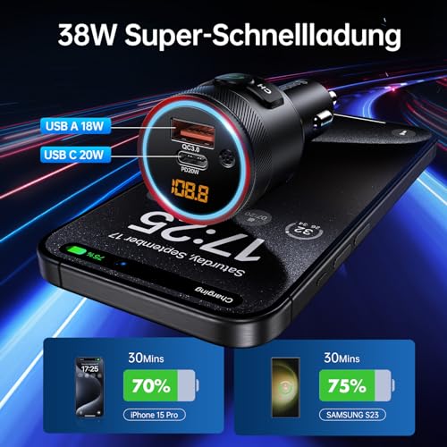 Bluetooth 5.4 Car Adapter 38W FM Transmitter Hands Free Calls