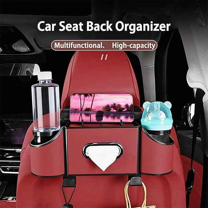 Back Seat Car Organizer,4 in 1 Multifunctional Car Back Seat Storage Box with Drink Cup Holder Tissue Box, for Hold Phone,Snacks, Drinks, Handbag-Red