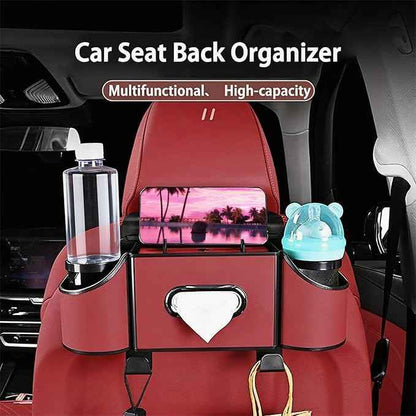 Back Seat Car Organizer,4 in 1 Multifunctional Car Back Seat Storage Box with Drink Cup Holder Tissue Box, for Hold Phone,Snacks, Drinks, Handbag-Red