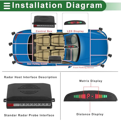 Universal Car Auto Vehicle Reverse Backup Radar System Reverse Parking Sensors Alarm Buzzer Reminder Distance Detection Black 8 Parking Sensors