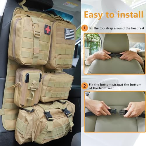 tactical car seat back organizer and storage truck seat covers with a Molle Vehicle Panel and 5 Different Size Molle Pouches for most models such as Jeep