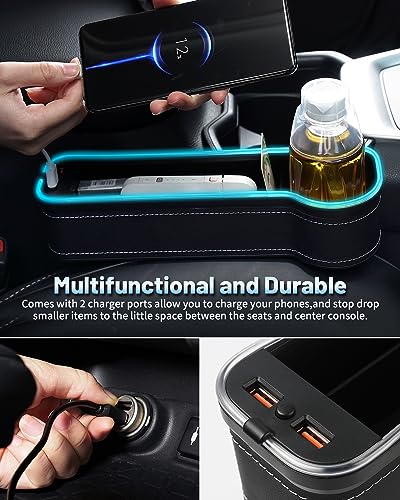 RGB Color Changing LED Car Seat Gap Filler Organizer Console Side Seat Gap Storage Box with Cup Holders and USB Chargers for Car Interior Accessories (2 Count)