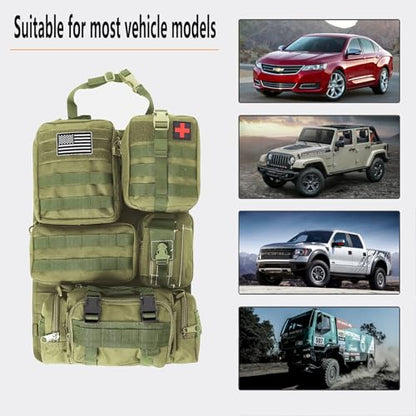 tactical car seat back organizer and storage truck seat covers with a Molle Vehicle Panel and 5 Different Size Molle Pouches for most models such as Jeep