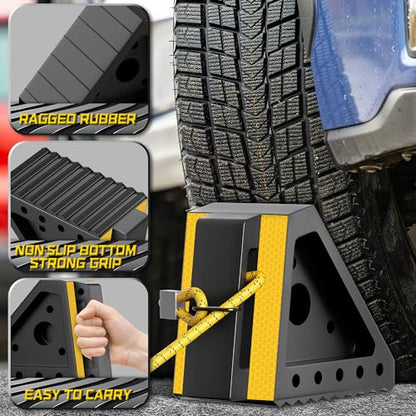 4 Pack Heavy Duty Wheel Chocks with 39" Rope & Dual Reflective Strips
