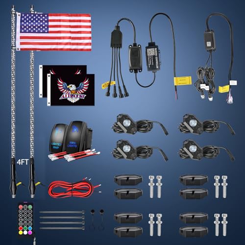 RGB LED Whip Light 2PCS 4FT with 4 Rock Lights Combo