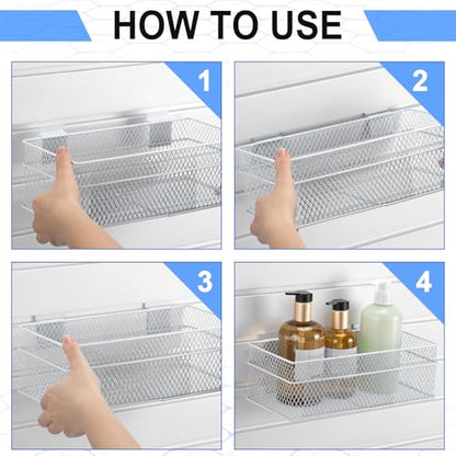 4 Pcs Slatwall Basket Set Ventilated Metal Slatwall Basket Hanging Wire Bins Wall Mounted Accessories for Panel Garage Storage Display Organizing (4 Count)