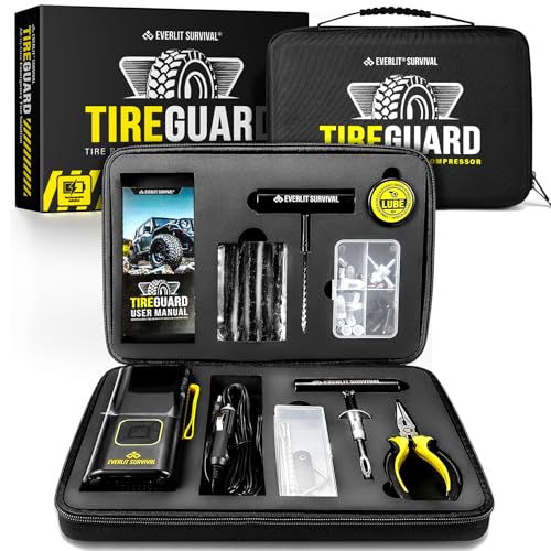 All-in-One Tire Repair Kit with Air Compressor – 150 PSI Portable Cordless Tire Inflator & Plug Kit – Flat Tire Emergency Roadside Kit for Car, SUV, Truck & Motorcycle Fast Repair & Inflation