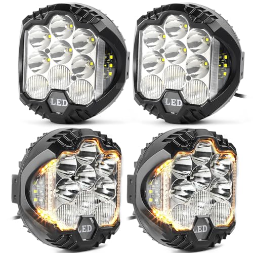4PCS 5 Inch Round LED Offroad Light with DRL 90W LED Light Pods 270° Wide Range Super Bright White Side Shooter for Pickup Truck ATV UTV SUV (4 Count)