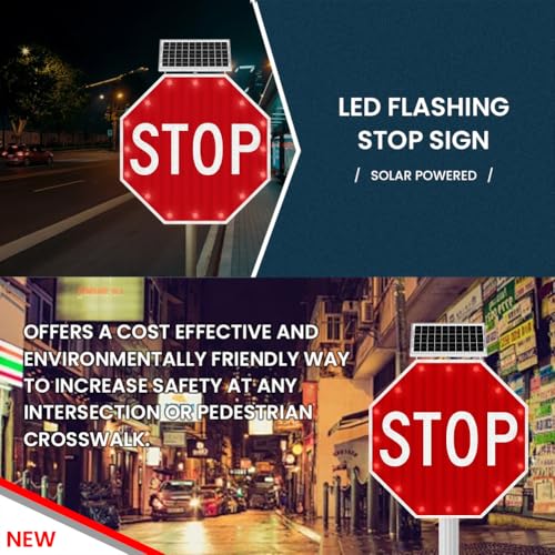 30" Solar Stop Sign Solar Powered LED Blinking Reflective Street Traffic Warning Sign Octagon Rust