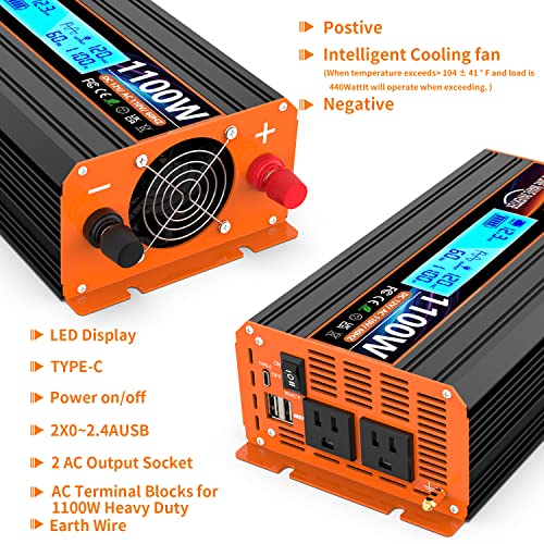 1100 Watt Pure Sine Wave Power Inverter 12V DC to 110V 120V Converter for Family RV Off Grid Solar System Car with Type