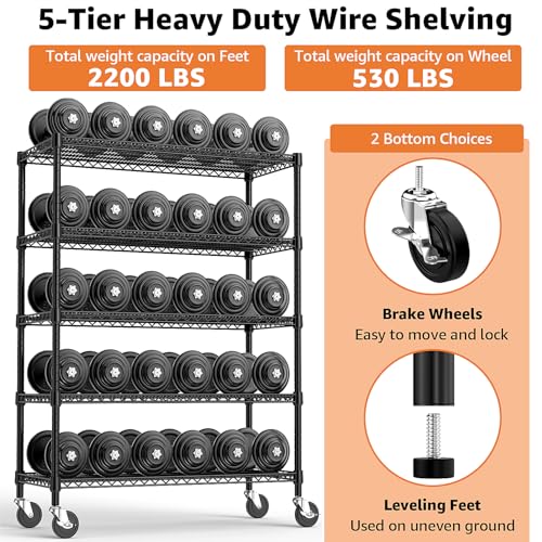 53" W Garage Shelving 5 Tier Industrial 2200LBS Metal Shelving Units for Commercial