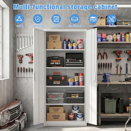 71 Inch White Metal Storage Cabinet with Locking Doors