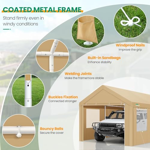 12x20 FT Heavy Duty Carport with Galvanized Frame