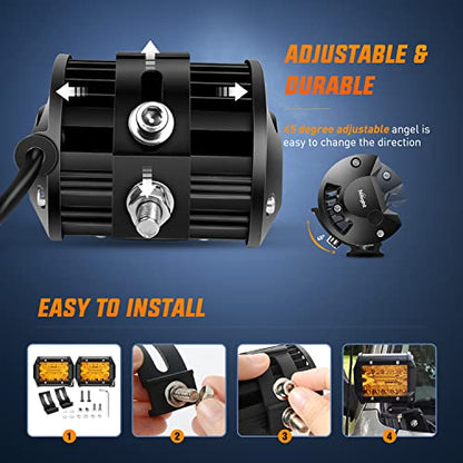 2PC 4Inch Amber Led Pods Triple Row 60W Flood Spot Combo Driving Fog Lights with 16AWG Wiring Harness