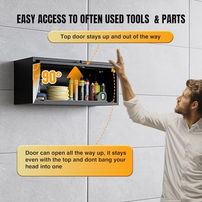 Small Wall Mounted Locking Cabinet Metal Garage Storage Cabinet Hanging Medicine Lockable Steel Utility Floating Tool 14" H Assembly Required Black