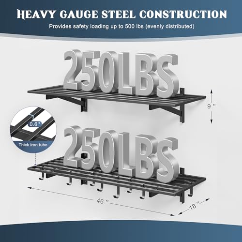 2 Pack Wall Mounted Garage Shelving with 8 Hooks (2 Count)